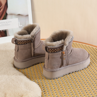厚底雪地靴女松糕底加绒加厚羊毛短靴民族风测法连牛皮保暖棉鞋