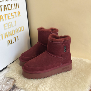 厚底安哥拉红羊皮毛一体24女明星同款防滑加绒棉鞋冬季大码短靴子