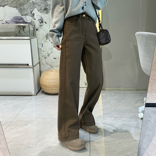 清仓特价 美拉德保暖厚绒直筒牛仔裤女冬季四面弹宽松窄版阔腿裤