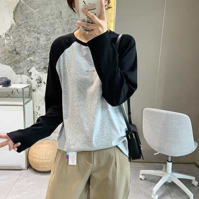撞色插肩袖长袖T恤女秋季圆领打底衫休闲宽松百搭小个子上衣新款