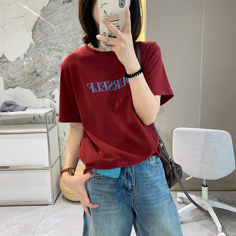 时髦尖子生！配腰带字母印花短袖女春夏新设计感韩版圆领宽松T恤