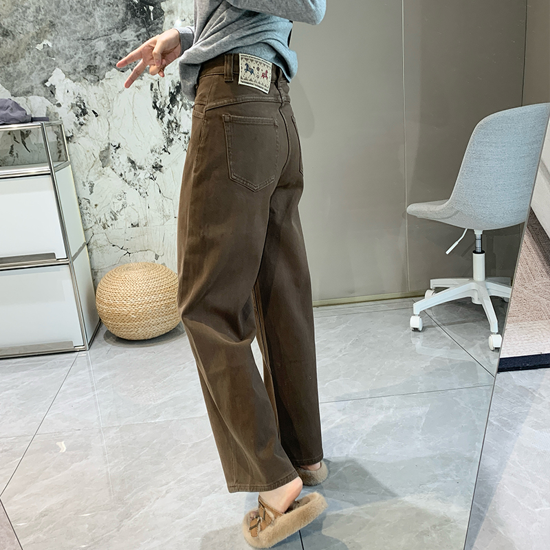 老钱风加绒弹力哈伦牛仔裤女秋冬厚款宽松显瘦直筒裤咖啡薄绒长裤