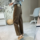 咖啡薄绒长裤 宽松显瘦直筒裤 女秋冬厚款 老钱风加绒弹力哈伦牛仔裤