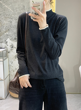 花边打底上衣春季双面磨毛加厚长袖半高领保暖韩版气质内搭女T恤