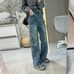 直筒裤 时髦复古做旧窄版 女2026早春新款 无弹高腰水洗牛仔裤 阔腿裤