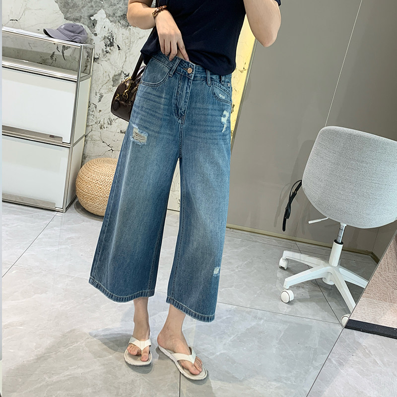 小个子必入款 超薄凉感做旧8分牛仔裤女夏季水洗破洞直筒阔腿裤子