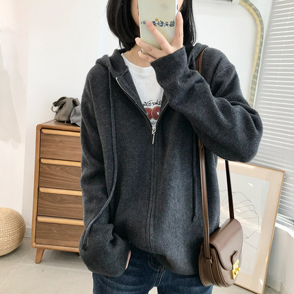 羊驼绒连帽针织开衫女2025春季新款宽松韩版纯色百搭拉链毛衣外套