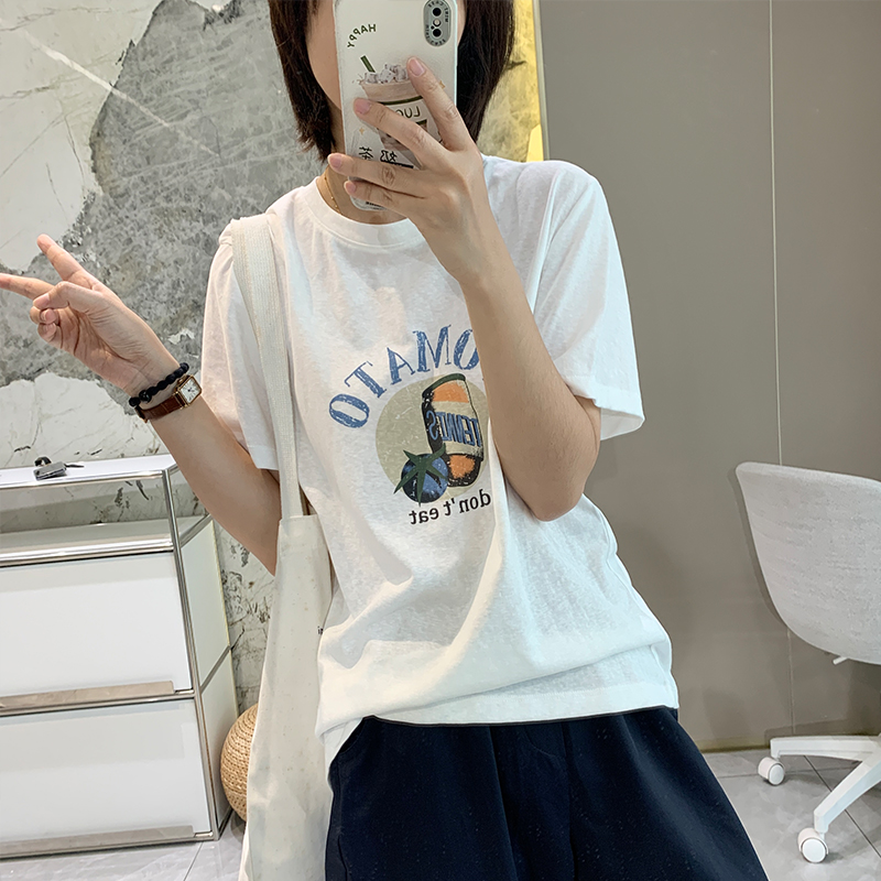 雪花酥凉感复古印花百搭圆领T恤女夏季薄款巨显瘦宽松短袖上衣