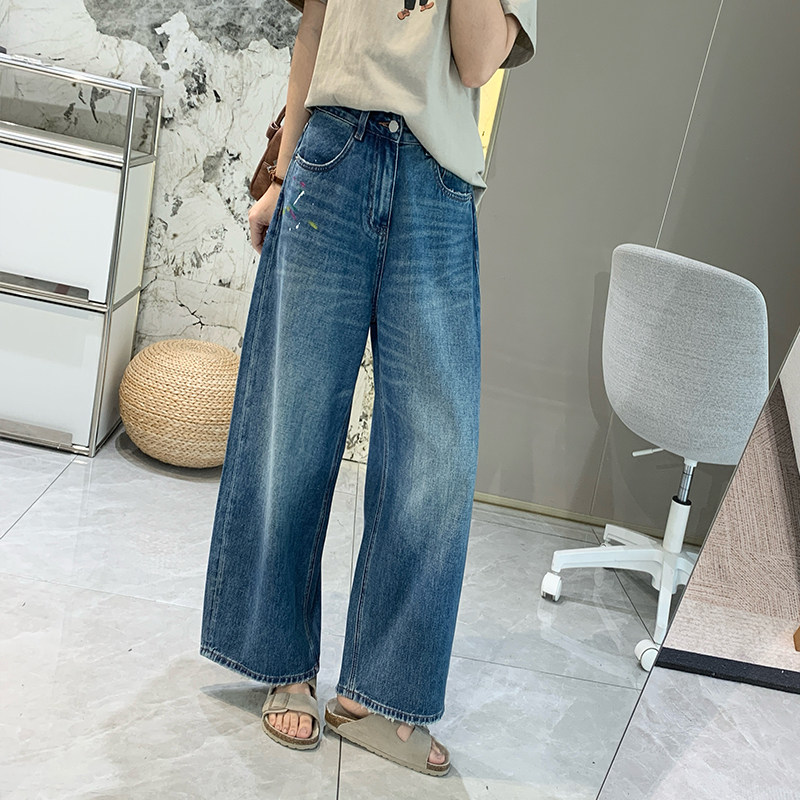 藏肉茧型裤!时髦感油漆印花直筒牛仔裤高腰显瘦九分阔腿裤夏薄