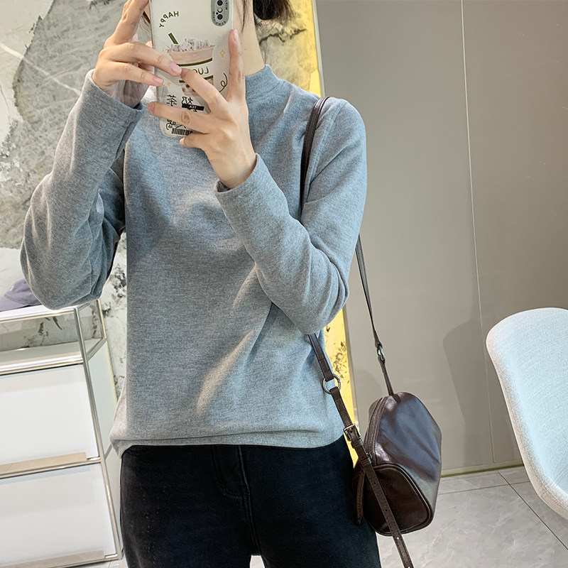保暖半高领打底衫女双面磨毛弹力长袖T恤秋冬季加厚纯色显瘦内搭