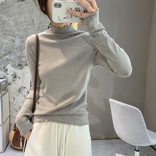 羊绒磨毛半高领木耳边打底衫
