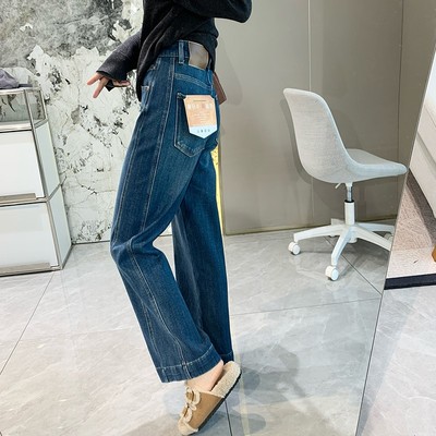 秋冬加绒高腰四面弹直筒牛仔裤女