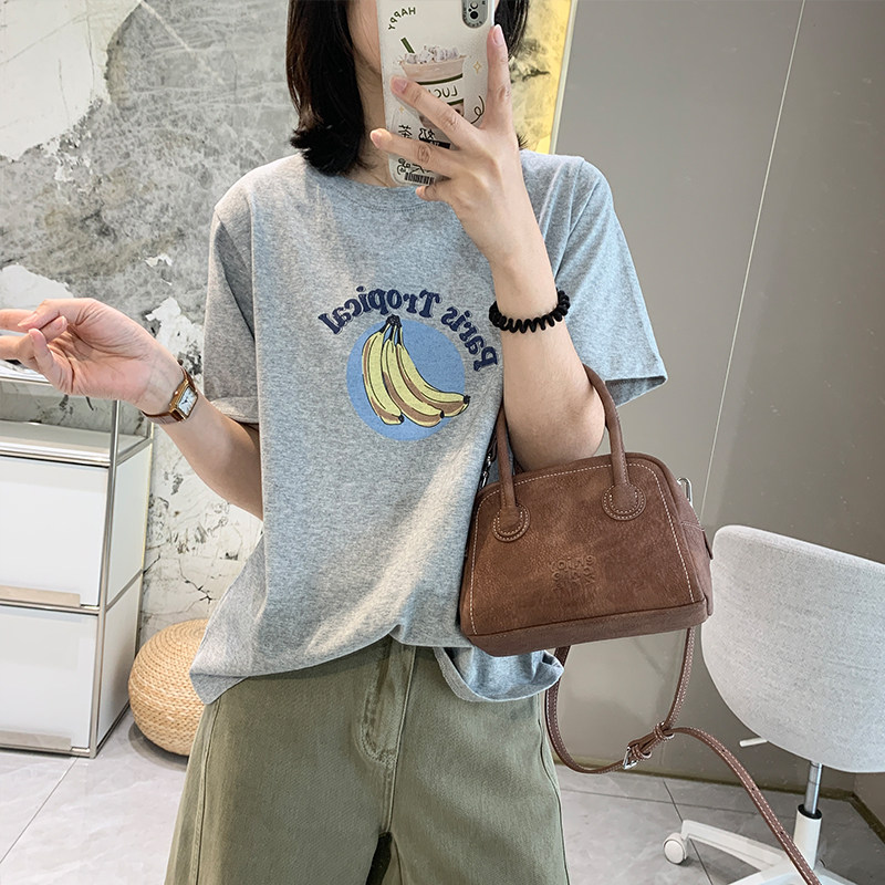美式做旧复古香蕉印花宽松短袖女春夏新透气圆领上衣简约休闲T恤