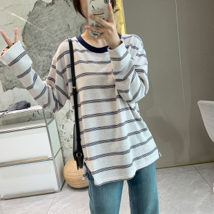 圆领拼接打底衫 粉底液条纹长袖 韩版 新款 T恤女慵懒风撞色上衣秋季