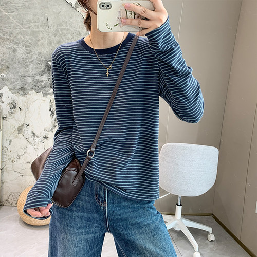 麻感棉条纹撞色长袖打底T恤秋女