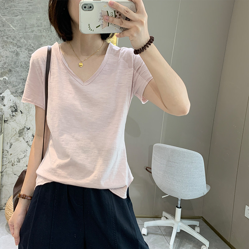 夏日水洗竹节棉V领卷边宽松短袖T恤女夏季薄百搭显瘦休闲纯色上衣