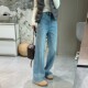 宽松长裤 水洗加绒加厚牛仔裤 女侧缝前移显瘦秋冬弹力柔软阔腿裤