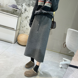 气质后开叉毛呢休闲半身裙女秋冬保暖加绒高腰H型通勤气质中长裙