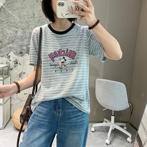 条纹撞色米奇卡通印花宽松短袖女夏季薄T恤正肩圆领凉感宽松上衣