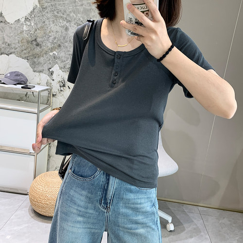 圆领纽扣设计简约短袖T恤女夏季