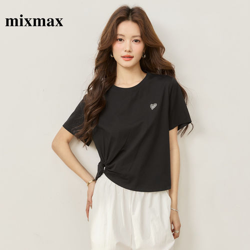 MIXMAX/美姿宝莲简约风黑色短袖T恤女夏季百搭爱心设计上衣女