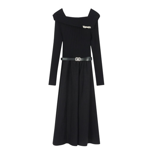 MIXMAX休闲百搭方领长袖A字裙修身连衣裙春新款气质时尚减龄显瘦