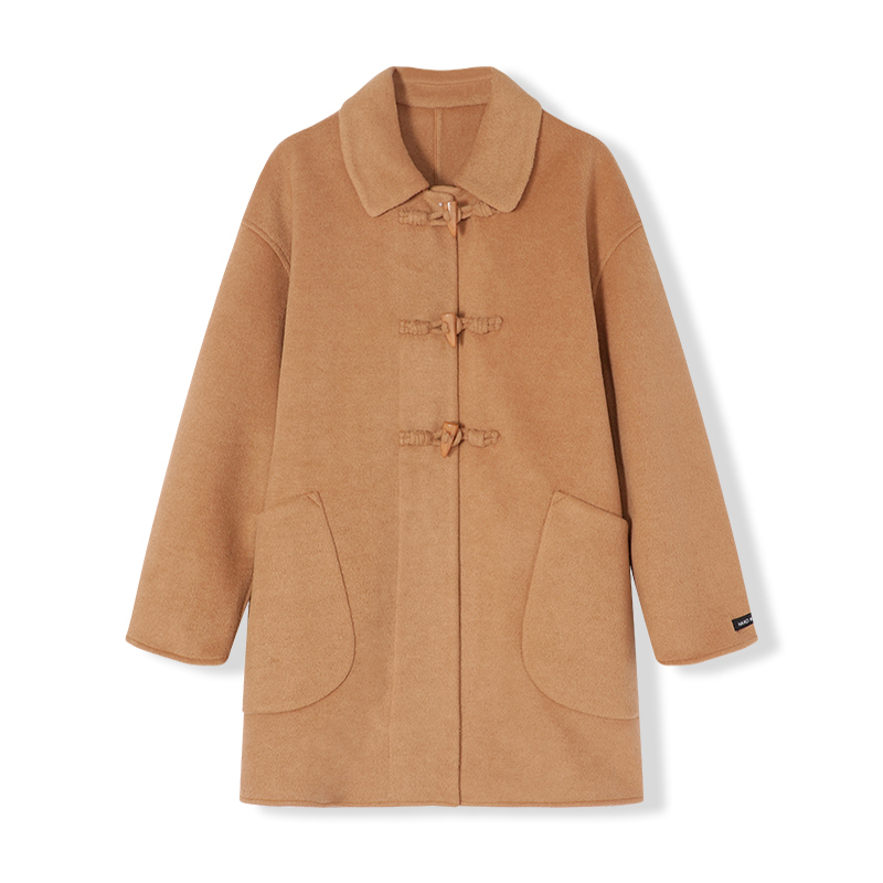 MIXMAX/美姿宝莲冬新款宽松牛角扣双面尼大衣简约娃娃领毛呢外套