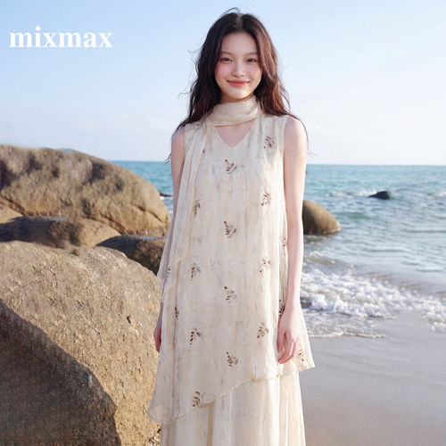 MIXMAX/美姿宝莲2026夏新款新中式飘带刺绣印花无袖显瘦连衣裙女