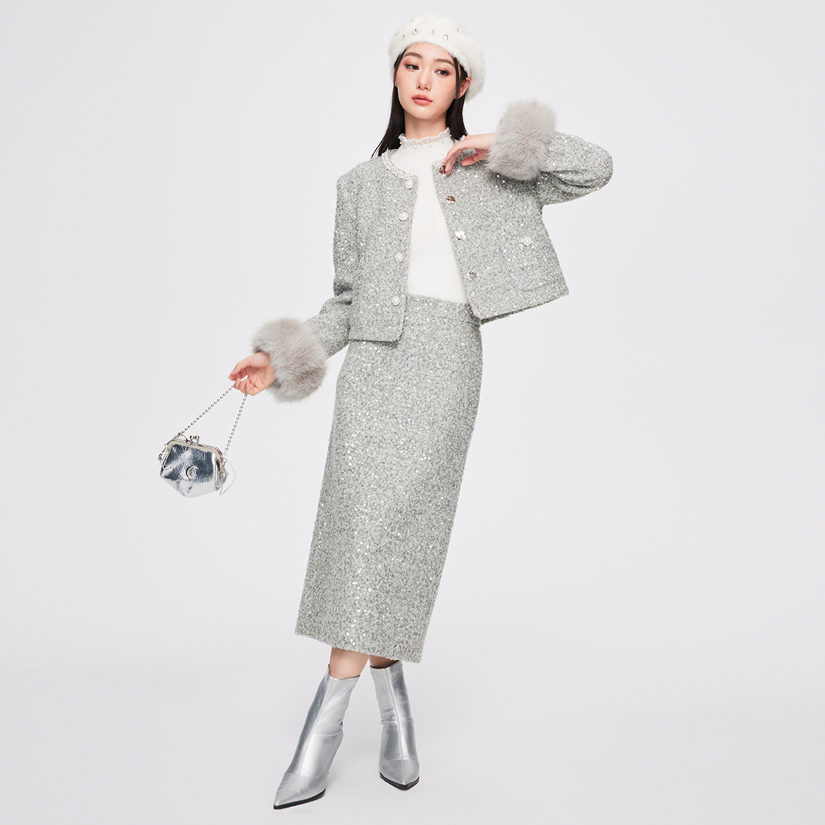 MIXMAX气质小香风圆领外套半身裙套装2025冬季新款时尚减龄显瘦