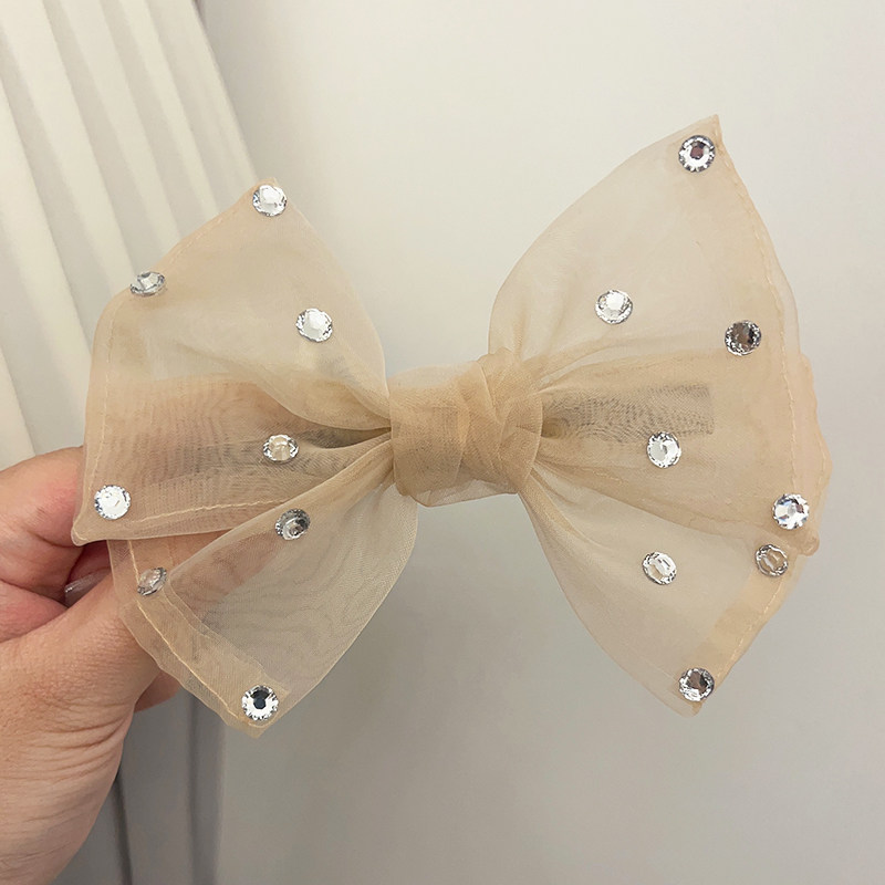 韩国夏季新款清新纱料蝴蝶结弹簧夹精致水钻后脑勺发夹顶夹横夹女