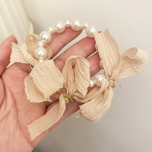 韩国新款气质温柔蝴蝶结珍珠发绳甜美少女手链发圈公主风头花发饰