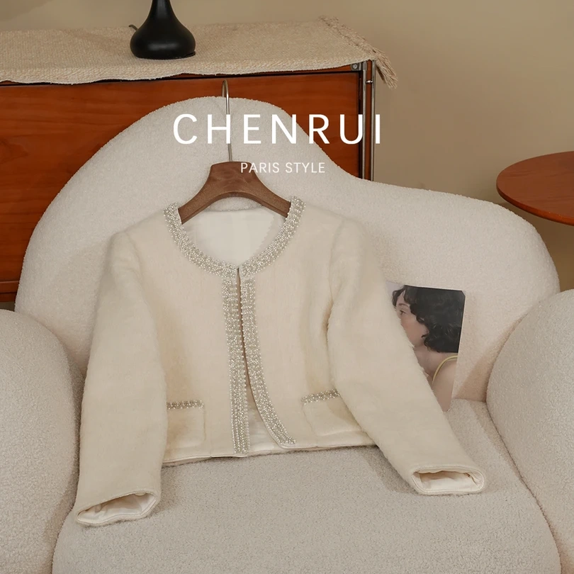 晨锐女装白色羊毛钉珠小香风外套