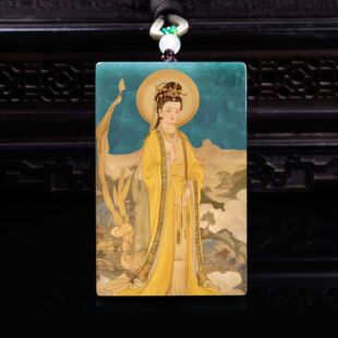 天然A货翡翠后土娘娘双面精工超清喷绘高冰种老玉石吊坠挂件玉美