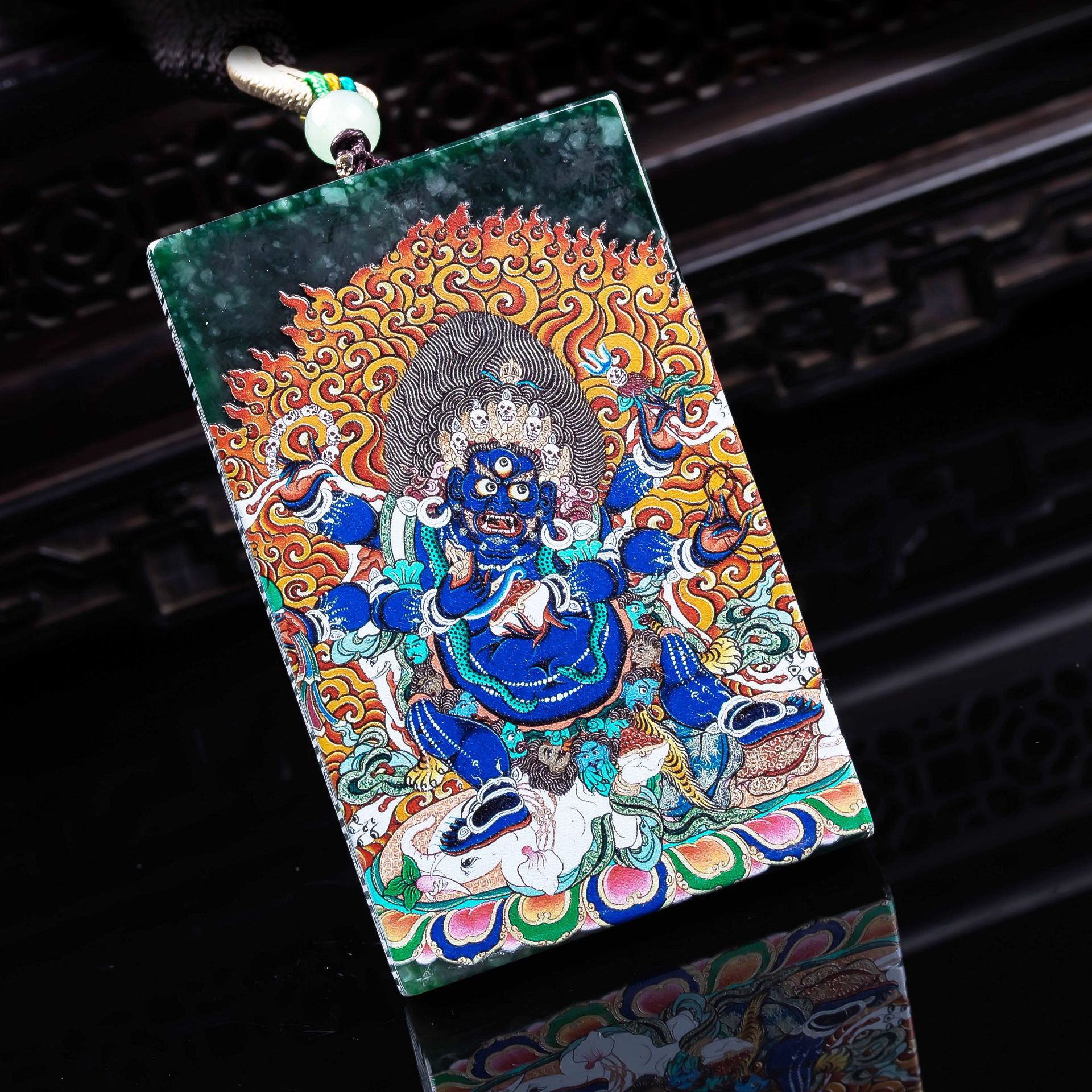 天然A货翡翠大黑天精工超清喷绘高冰种老玉石吊坠挂件玉佩玉美