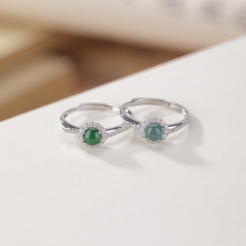 通体S925纯银蓝水翡翠绿翡翠时尚轻奢几何圆珠戒指气质简约指环