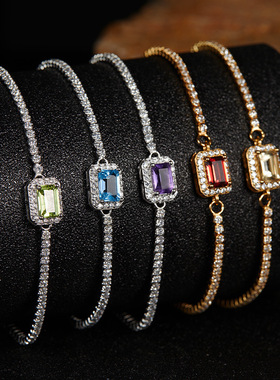 欧美饰品S925纯银镶天然石榴石托帕橄榄石黄紫水晶彩宝手链女