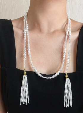 复古流苏高品质高光正圆人造珍珠渐变流苏毛衣链项链