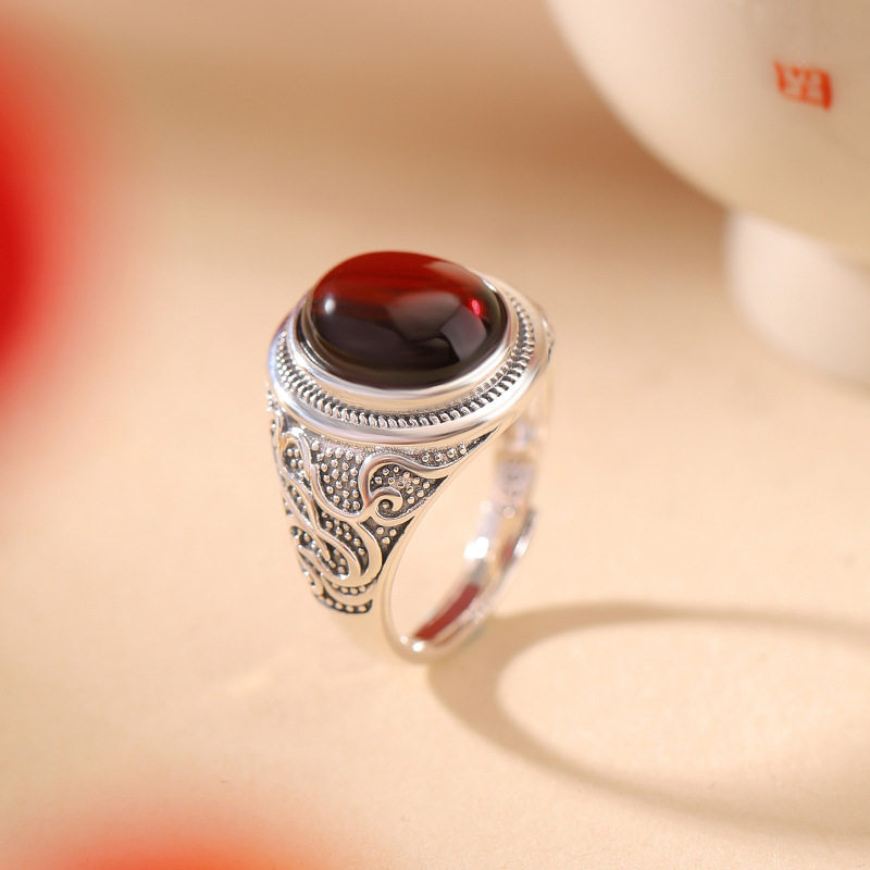 通体纯银S925纯银血珀复古做旧新中式民族风麻花蛋面戒指个性指环