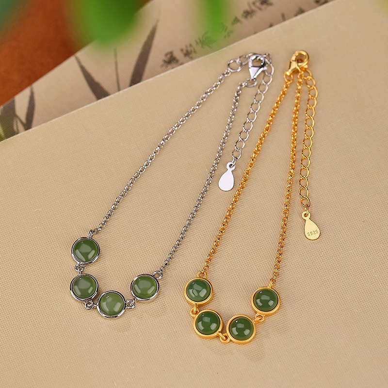 通体S925纯银镀金和田玉碧玉简约气质平安喜乐镂空手链百搭手饰