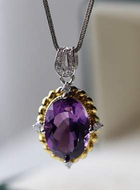 天然紫水晶蛋面吊坠s925银镶嵌钻大蛋面紫晶项链水滴蛋面毛衣项链