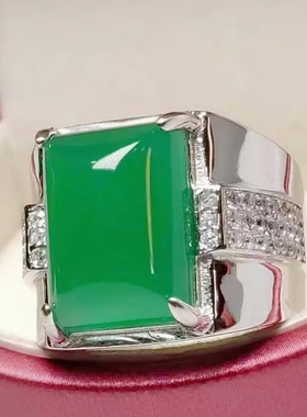 霸气帝王绿玉髓男款方戒指扳指绿玛瑙指环活口可调复古绿玉戒指