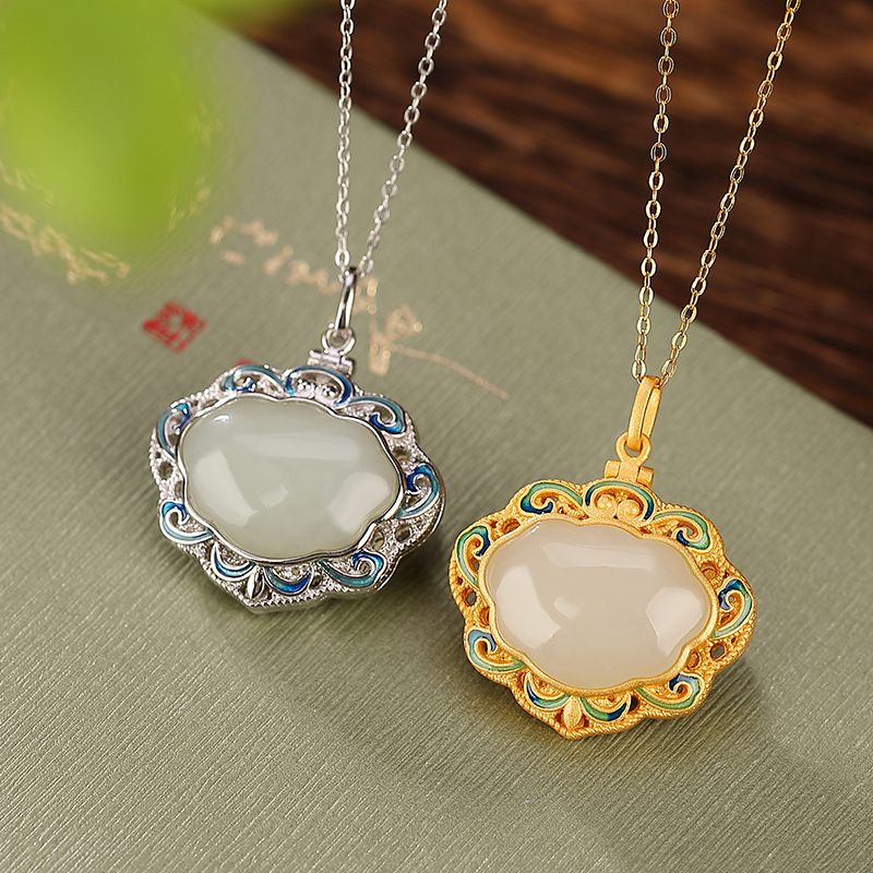 通体S925纯银镀金和田玉国潮吉祥如意福字镂空吊坠祥云香囊挂坠