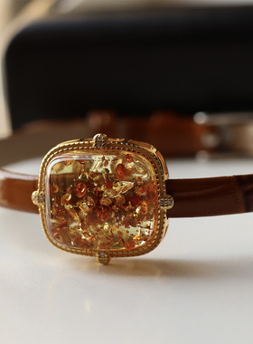 天然花珀大方表盘吊坠两用款s925银镶嵌手表带款花体清新