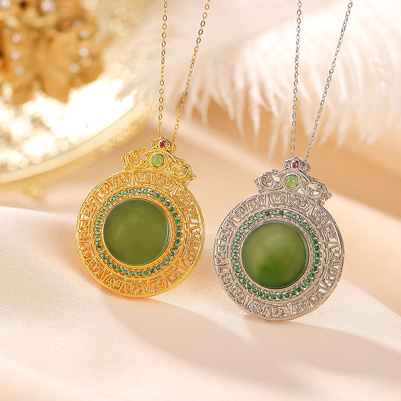 通体S925纯银镀金和田玉碧玉吉祥如意圆牌镂空吊坠复古香囊挂坠