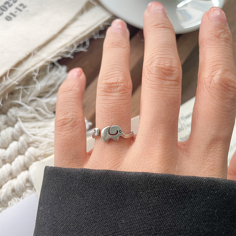 大象尾戒不掉色小众简约ins饰品个性开口925纯银戒指女