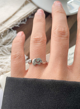 大象尾戒不掉色小众简约ins饰品个性开口925纯银戒指女