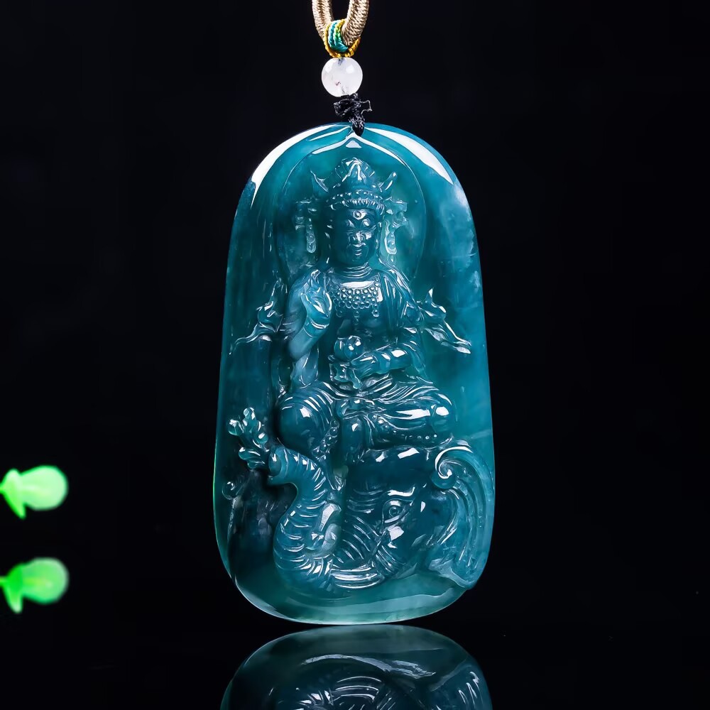 高档天然翡翠玉石a货蓝水冰种普贤菩萨男士女款玉坠挂件玉佩饰品
