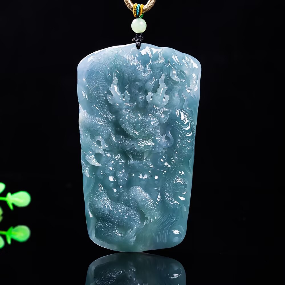 天然a货翡翠蓝水霸气龙牌生肖龙生意兴隆吊坠冰种玉石男女款玉佩