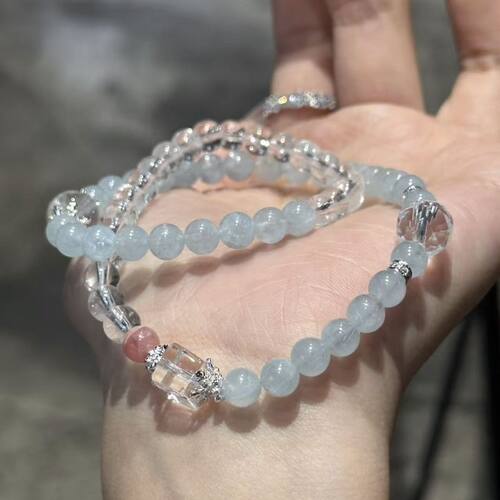 8A级天然手链白水晶海蓝宝双圈设计款女款手串高货】