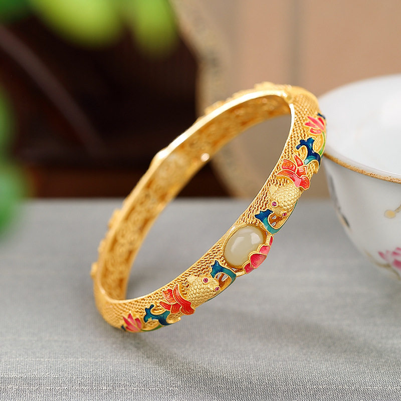 通体S925纯银镀金和田玉珐琅金鱼镂空手镯设计感手环古风女手饰